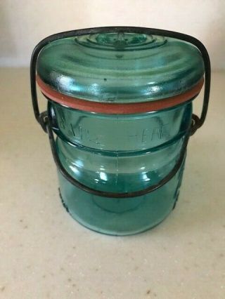Vintage Ball Ideal 1/2 Pint Blue Mason Jar W/ Bail,  Lid And Seal