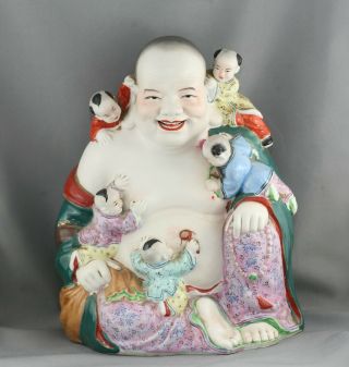 Large Vintage Chinese Porcelain Statue Of Happy Buddha Handmade Hand Painted