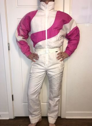 Vtg 80s 90s Womens Medium Edelweiss One Piece Ski Suit Snow Bib Snowsuit Neon 8