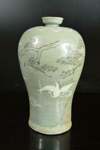 A4832: Xf Korean Goryeo Celadon Pine Bird Cloud Inlay Flower Vase Ikebana