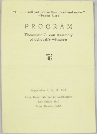 1949 Circuit Assembly Program Sept 9 - 11 Long Beach California Watchtower Jehovah