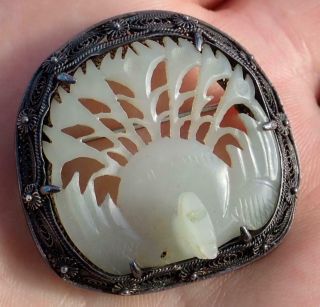 Antique Chinese Qing Dynasty Silver Carved White Jade Phoenix Bird Brooch Pin