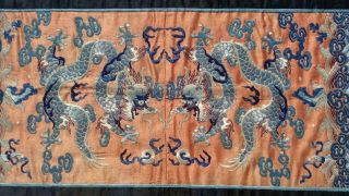 Antique Chinese 19th 20th c Silk Dragons Textile Embroidery Framed Qing 2