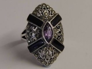 An Impressive Large Art Deco Solid Sterling Silver Amethyst Onyx Marcasite Ring