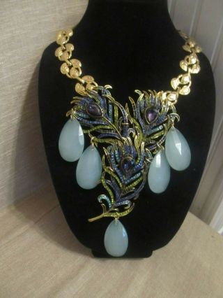 Huge Triple Heidi Daus Peacock Feather Statement Necklace - A Repurposed