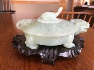 Antique Chinese Qing Dy Jade Carved Dragon Turtle " Xi  Brush Washer "