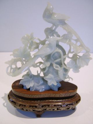 Antique Chinese Cavred Jade Statue Bird Figure Silver Wire Inlaid Hardwood Stand