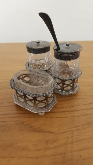 Vintage Solid Sterling Silver And Cut Glass Cruet Set,  G&s.  Co Ltd London 1908