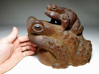 Signed Toad Frog Okimono Wooden Statue Japanese Antique Vintage Artwork