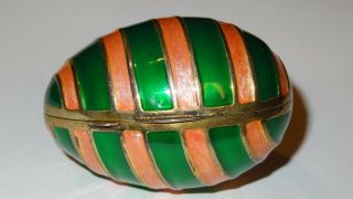 Sterling Silver 925 & Enamel Egg Trinket Box With Hinge,  Green & Metallic Salmon