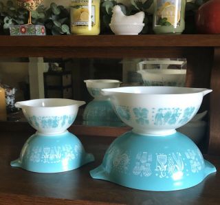 Vintage Pyrex Cinderella Nesting Bowl Set Turquoise Amish Butterprint - Set