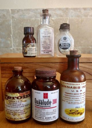 6 Old Medicine Bottle Hand Craft,  Cannabis,  Quaalude,  Bayer W/heroin,  Cocaine,  Heroin