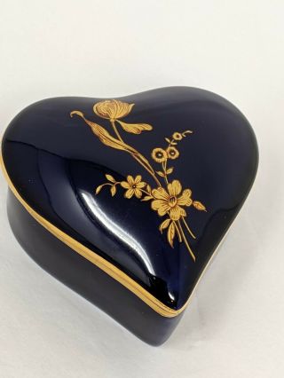 Vintage Cobalt Blue Limoges Porcelain Heart Trinket Box Gold Trim France Rochard