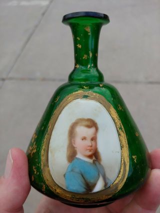Pontiled Emerald Green Barber Bottle W/girl Picture - 4.  5 Inches Tall.  Gold Trim