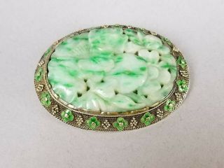 Antique To Vintage Huge Chinese Export Green Jade Jadeite Solid Silver Pendant