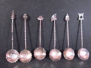 Sterling Set Of 6 Different Oriental Spoons 4 1/4 "