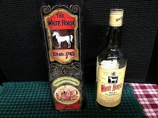 Vintage The White Horse Blended Scotch Whiskey Bottle & Gift Tin Container