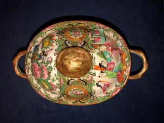Antique 19th Century Chinese Rose Medallion Porcelain Serving Bowl W/ Lid Handle