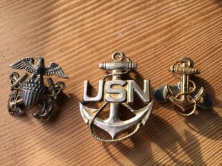 Ww2 Wwii U.  S.  Navy Officer And Chief Sterling Silver Hat Collar Devices Pins Usn