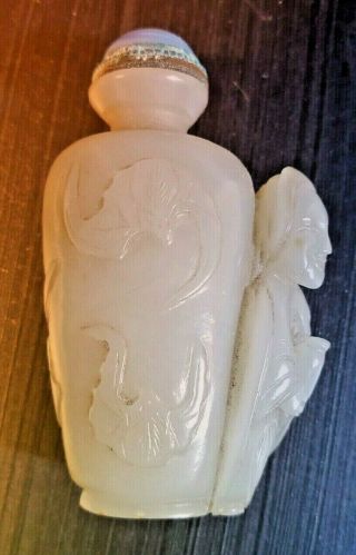 Antique Ornately Carved Jade Chinese Snuff Bottle With Spoon 3 1/4 "