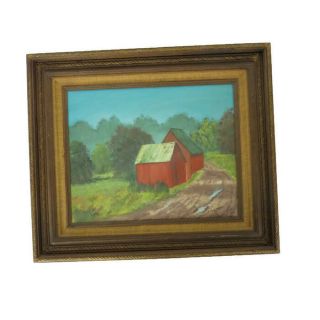 Vintage Rustic Barn Wood Frame Red Barn Country Signed Oil Painting