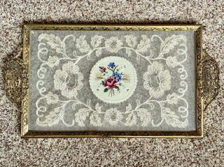Vintage Vanity Glass Tray Lace Embroidery Petit Point Gold Gilded