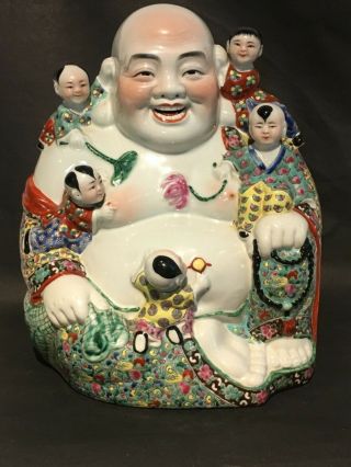 Vintage Antique Large Chinese Famille Rose Porcelain Buddha Figure Marked
