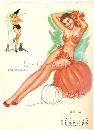 Org Vintage Risque Pinup Calendar - Witch - Dressed To Thrill - Tn Thompson Oct 55