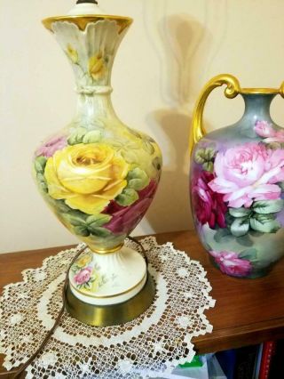 Large French Limoges Hand Painted Rose Vase Lamp
