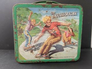 Vintage 1977 The Skateboarder Metal Lunchbox Thermos Aladdin Industries