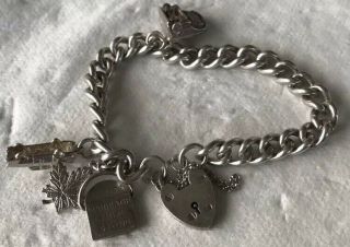 Vintage English Sterling Silver Charm Bracelet With Heart Padlock And 4 Charms