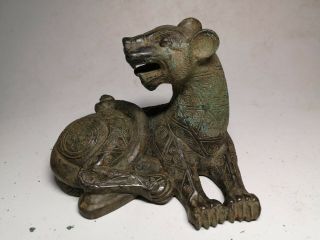 Chinese Bronze Seated Tiger Statues Geometry Vein Tiger Statues