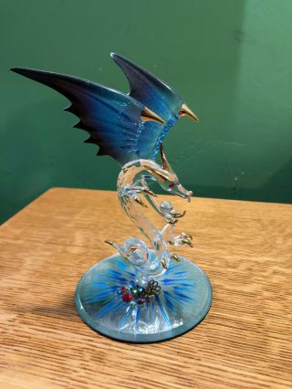 Hand Blown Glass Dragon With Crystal Ball Figurine On Mirror Base 5.  5 " High