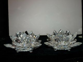 5 1/4 " Large Swarovski Cut Crystal Candle Holders Lotus Water Lily Pair One Box