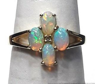 Vintage 14k Yellow Gold Four Australian Opal Diamond Ladies Ring Fine Jewelry