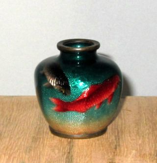 Antique Japanese Ginbari Miniature Cloisonne Enamel Vase With Koi -