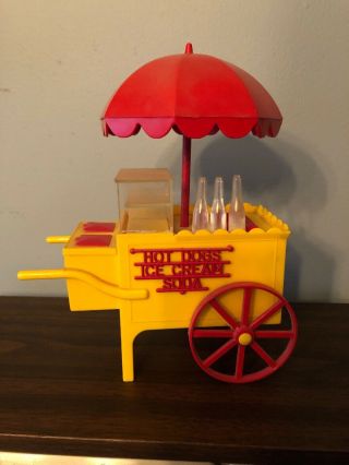 Vintage Yellow Ideal Plastic Toy Hot Dog,  Ice Cream,  Soda Vending Cart & Bottles