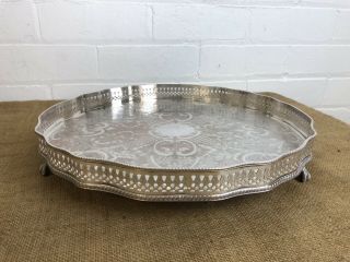 Vintage Silver Plate Gallery Serving Tray Sheffield Made Circular Tray 14”