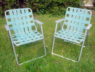 2 Vintage Webbed Web Aluminum Chairs Green Folding Lawn/patio Mcm Ln W Box Weave