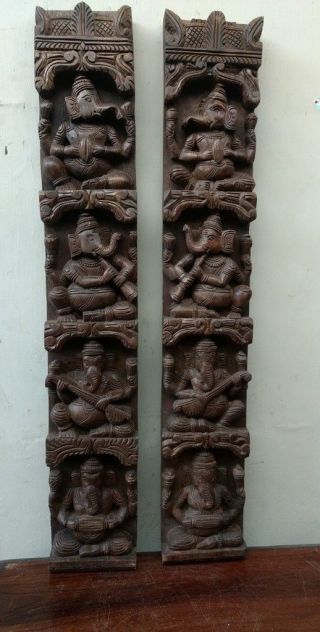 Vintage Musical Ganesh Set Wooden Wall Vertical Panel Hindu God Sculpture Panel