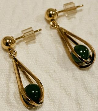 Vintage 14k Gold Basket Earrings With Jade Stones