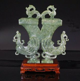 Chinese Handstone Jade Carving Phoenix Vase & Cover & Inlaid Wooden Stand 20th C
