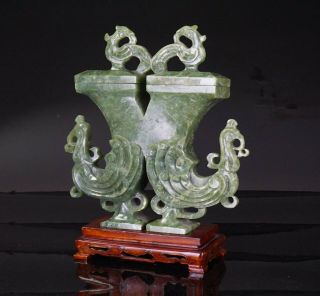Chinese Handstone Jade Carving Phoenix Vase & Cover & Inlaid Wooden Stand 20th C 2