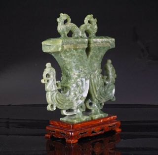 Chinese Handstone Jade Carving Phoenix Vase & Cover & Inlaid Wooden Stand 20th C 3