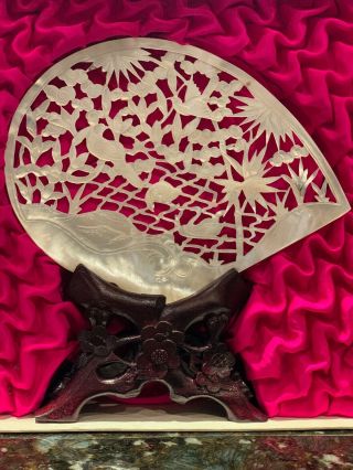 Antique Carved Chinese Mother Of Pearl Shell Birds Glass Box Wood Stand