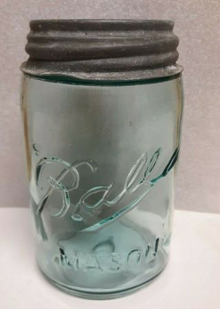 Antique Blue Pint Ball Mason Fruit Jar With Zinc Lid