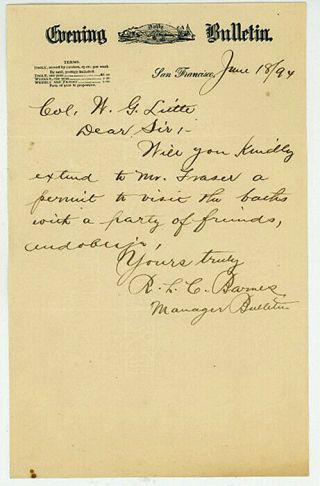 Letter To Agent Of Adolph Sutro From R L C Barnes - Request Permit For Baths