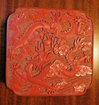 Water Dragons/jiaolong Vintage Chinese Carved Red Cinnabar Lacquered Square Box