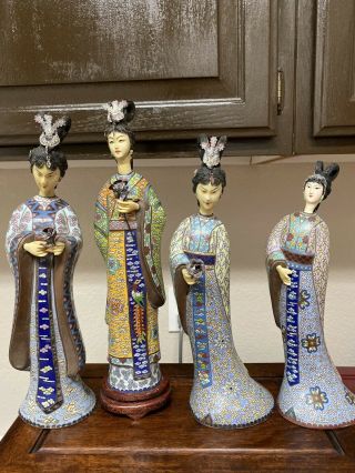 A Group Of Four Old Chinese Enamel Bronze Cloisonne Ladies
