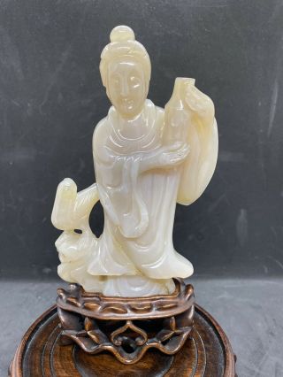 Old Chinese Carved Agate Figure & Wooden Base